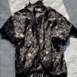 Ivana Helsinki Black Cream Silk Embroidered Tassel Fringe Jacket Cape